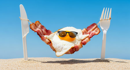 Fried egg bacon hammock utensils beach summer breakfast vacationの素材