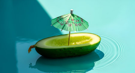 Cucumber boat umbrella teal background summer drink healthy creativeの素材