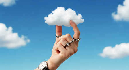 Fine art conceptual whimsical capturing clouds hand holding sky dreams imaginationの素材