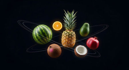 Planetary fruit concept. Exotic fruit with cosmic orbit design.の素材