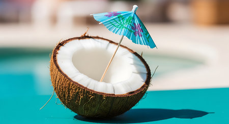 Coconut cocktail half coconut blue umbrella bright table beverageの素材