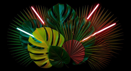 Neon tropical vibes. Vibrant palm leaves with fluorescent accents.の素材