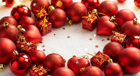 Red ornaments collection shiny balls gift boxes white backdropの素材