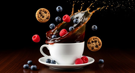 Coffee cup splash berries cookies dark background food photo treatの素材