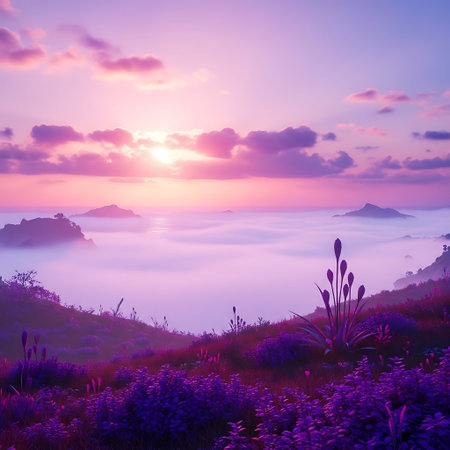 Tranquil scenery. Flowers in pink and purple light at twilight.の素材