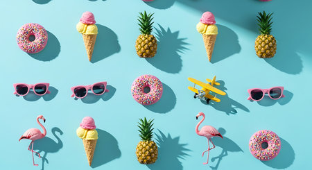 Summer vacation themed flat lay Bright turquoise background Holiday patternの素材