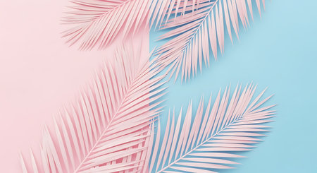 Dreamy palm leaves on pink and blue. Tropical aesthetic soft hues.の素材