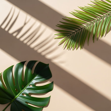 Tropical minimalist decor. Green monstera palm leaves on beige backdrop.の素材