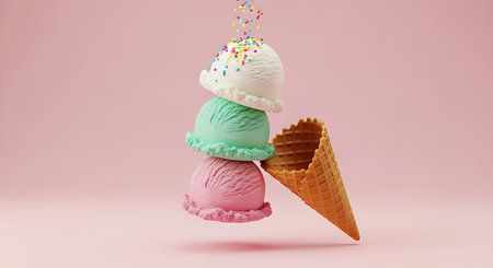 Tower of ice cream scoops Summer treat Isolated on pink backgroundの素材