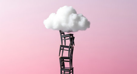 Whimsical scene. Stacked chairs and fluffy cloud pink backdrop.の素材