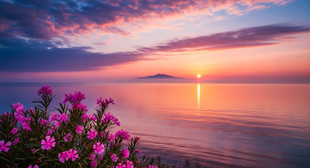 Calm sea sunrise Pink flowers Tranquility Horizon Morning glowの素材