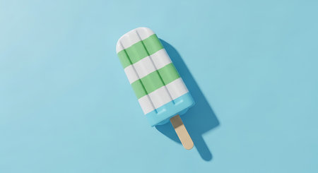 Striped popsicle on blue background. Refreshing summertime refreshment.の素材