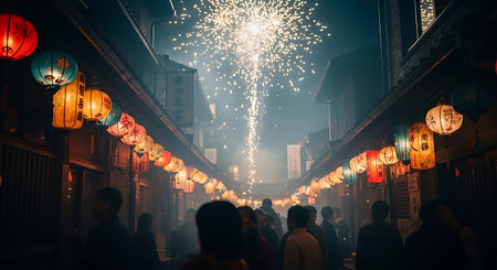 Fireworks explode above town. Lanterns brighten traditional Japanese festival.の素材