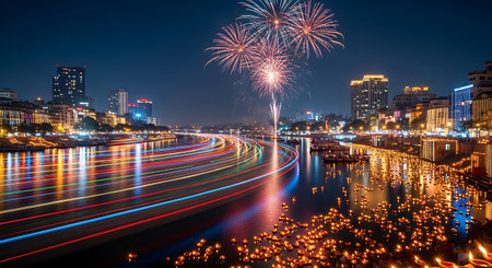 Urban cityscape at night Festive illuminations Riverfront reflectionsの素材
