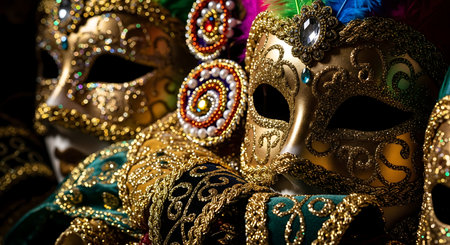 Venetian carnival masks golden glimmer intricate design elegance artistry. Celebrate cultureの素材