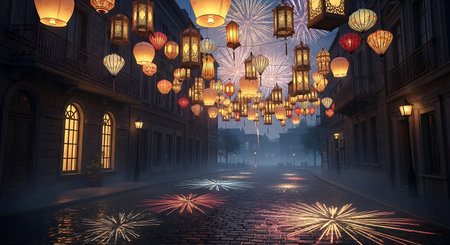Lanterns street fireworks celebration night scene urban decor holiday event. City illuminationの素材