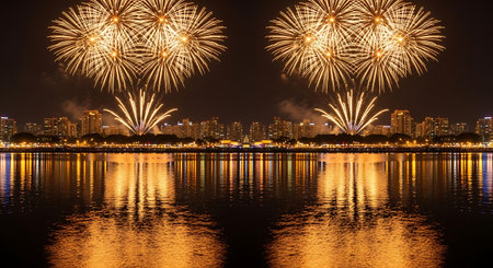 Nighttime fireworks display Illuminated cityscape Reflection on water Evening festivities Pyrotechnics Celebrationの素材