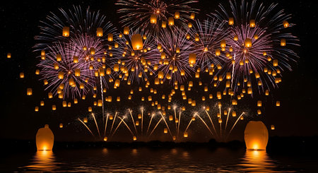 Luminous lanterns rise with colorful fireworks. Sky light celebrationの素材