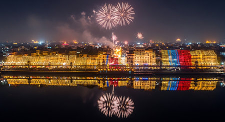 Riverfront skyline illumination fireworks cityscape reflection festivities.の素材