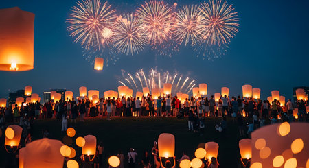 Sky Lanterns Fireworks Community Gathering Night Celebration Spectacle.の素材