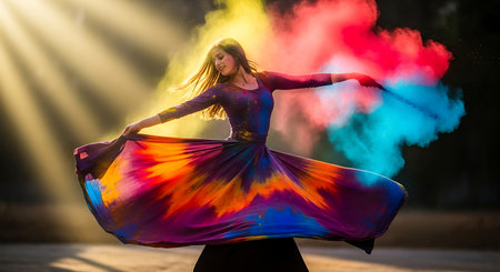 Woman Dancing Colorful Powder Artful Expression Holi Celebration Serenity.の素材
