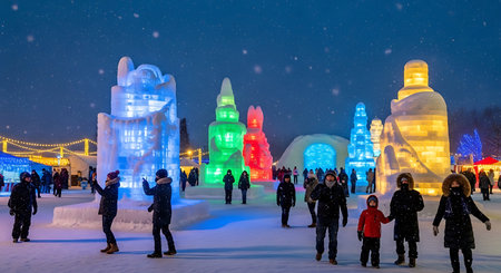 Winter ice wonderland extravaganza snow sculptures people art exhibit.の素材