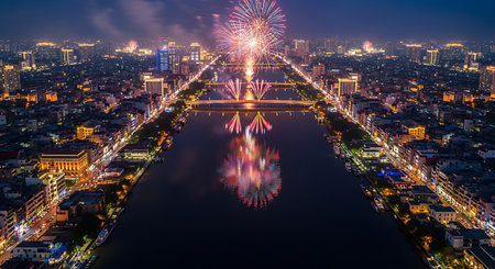 City lights up fireworks reflect calm river. Urban architecturalの素材