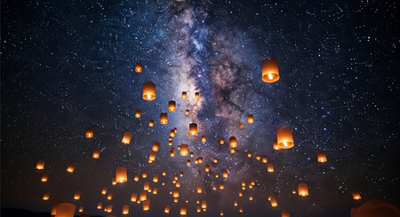 Sky lanterns illuminate night sky festival celebration cultural festivities bright lightsの素材