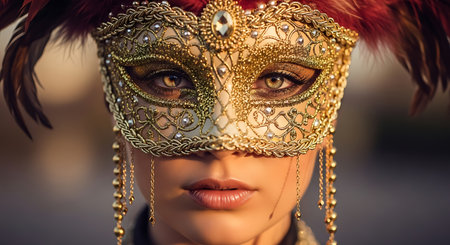 Portrait woman exquisite mask feathers gold elegance beauty allure.の素材