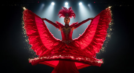 Burlesque showgirl red gown sparkling dancer performance celebrationの素材