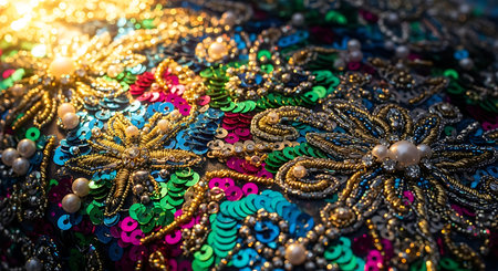 Luxurious embellished fabric Sequins and pearls Intricate designの素材