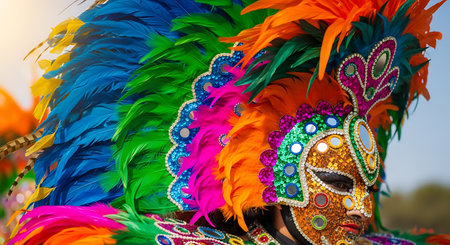 Carnival headdress extravaganza. Vibrant feathers and sequins style.の素材