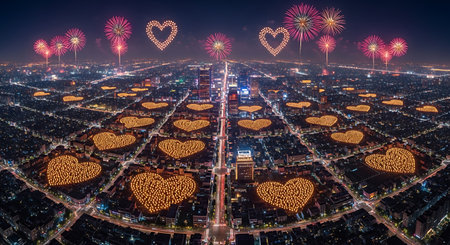 Citywide illumination cityscape heart-shaped lights celebration fireworks.の素材