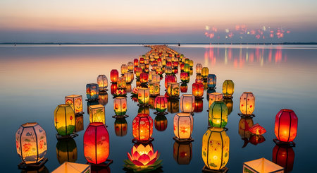 Lit lanterns against setting dusk hue fireworks serene waterscape viewの素材