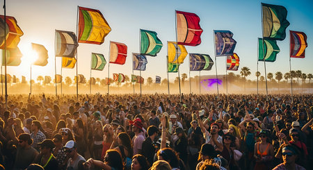 Sun drenched festival scene crowd under vibrant flags sunny sky.の素材
