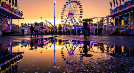 Sunset Reflections Ferris Wheel Fairground Ambiance Amusement Ride.の素材