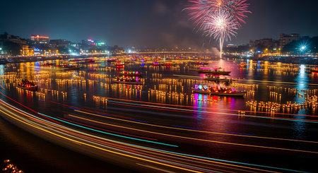 Sparkling Boats Cityscape Nightscape River Lights Fireworks Glow.の素材