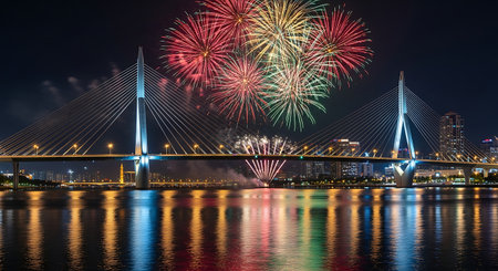 Bridge fireworks extravaganza river reflections urban celebration nighttime display cityscape spectacleの素材
