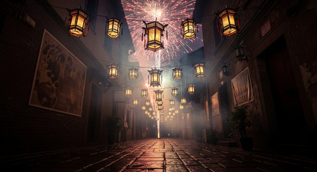 Narrow street lanterns fireworks celebrate festive cityscape ambiance.の素材