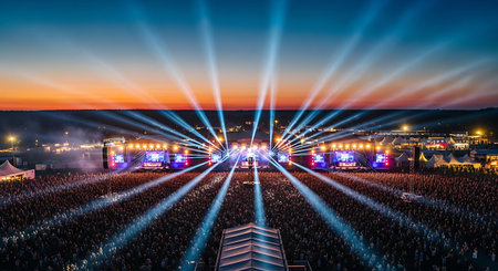 Aerial view summer event crowd lights stage large gathering. Evening celebration festive.の素材