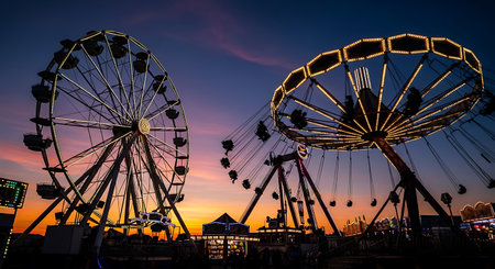 Carnival rides against twilight sky Entertainment festival theme park funの素材