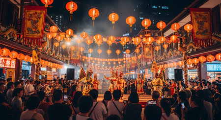 Chinese opera street performance ornate costumes art form. Cultural heritage red lanterns.の素材