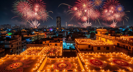 Diwali night fireworks display festival of lights rooftop decor cityscapeの素材