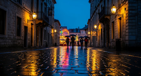 Cobblestone reflections twilight walkers vintage architecture urban explorationの素材