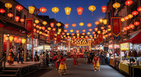 Festive lantern street scene. Traditional chinese market. Night illumination.の素材