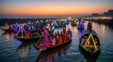 River festival boats celebration water ceremony cultural event.の素材