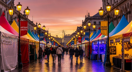 Artisanal crafts fair Pedestrian zone Evening shopping Urban commercialの素材