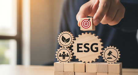 ESG strategy success building sustainable future gears target icons.の素材