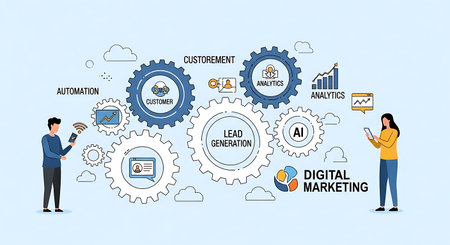 Marketing automation gears promote digital marketing, customer engagement, and lead generation.の素材