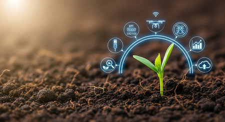 Seedling with technology icons. Precision farming. Sustainable crop production.の素材